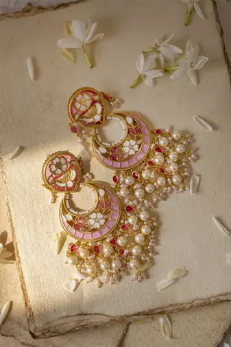 gold plated  Pink stone chandbali earrings in Sterling Silver