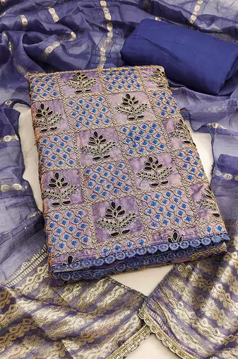 Women's royal blue unstitched thread sequence & embroidery fandy silk dress material (msmfc11596a)