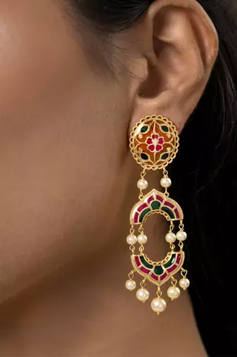 gold plated Multicolor pearl dangler earrings in Sterling Silver