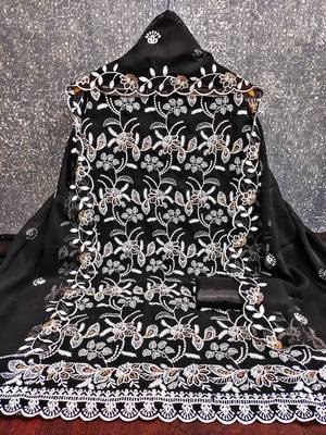 Women's black heavy thread embroidery georgette dress material 4