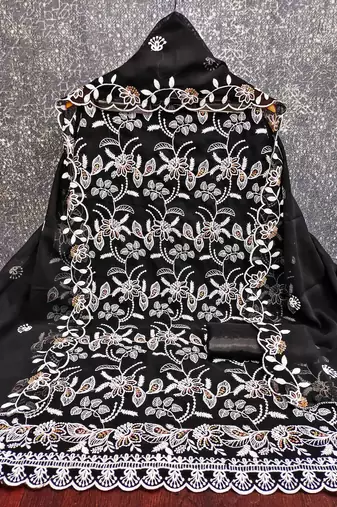 Women's black heavy thread embroidery georgette dress material