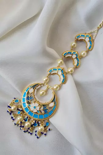 gold plated Blue stone mangtikka in Sterling Silver