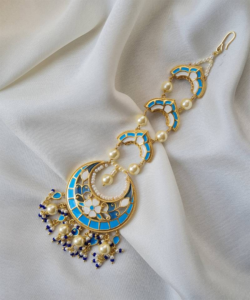 gold plated Blue stone mangtikka in Sterling Silver