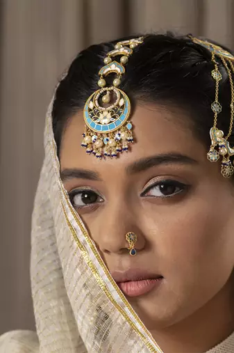 gold plated Blue stone mangtikka in Sterling Silver