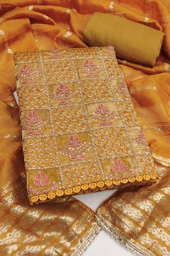 Women's mustard unstitched thread sequence & embroidery fandy silk dress material (msmfc11596b)