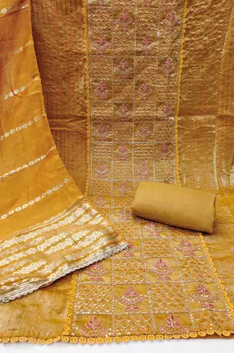 Women's mustard thread sequence & embroidery fandy silk dress material