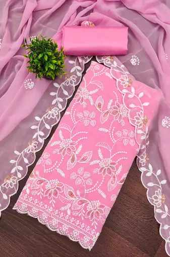 Women's baby pink unstitched heavy thread embroidery georgette dress material (cp9099bpk)
