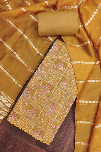 Women's mustard thread sequence & embroidery fandy silk dress material