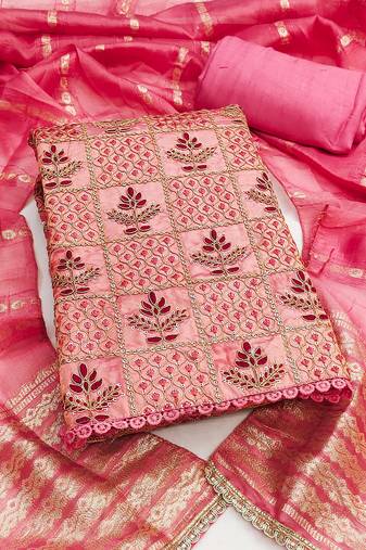Women's pink unstitched thread sequence & embroidery fandy silk dress material (msmfc11596c)