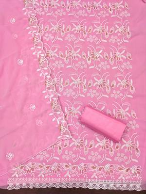 Women's baby pink heavy thread embroidery georgette dress material 3