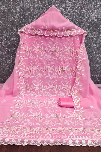 Women's baby pink heavy thread embroidery georgette dress material