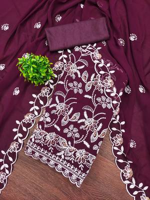 Women's purple heavy thread embroidery georgette dress material 2