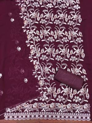 Women's purple heavy thread embroidery georgette dress material 3
