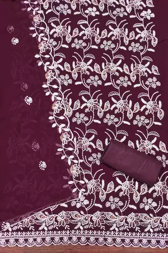 Women's purple heavy thread embroidery georgette dress material
