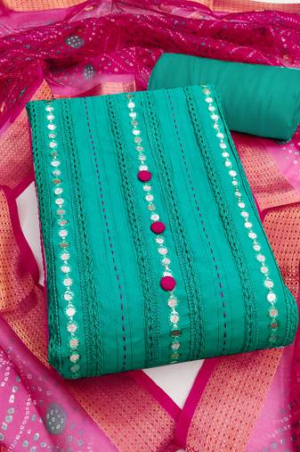 Women's sea green unstitched thread sequence & embroidery premium roman cotton dress material (msmfc11597a)