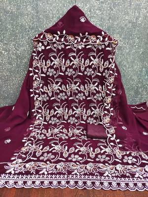 Women's purple heavy thread embroidery georgette dress material 4