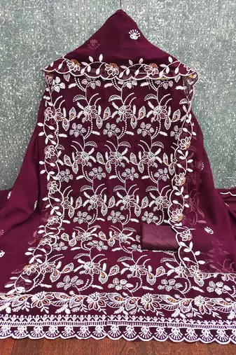 Women's purple heavy thread embroidery georgette dress material