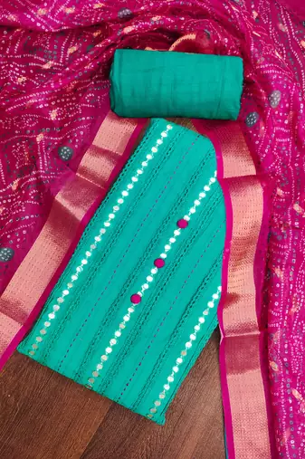 Women's sea green thread sequence & embroidery premium roman cotton dress material