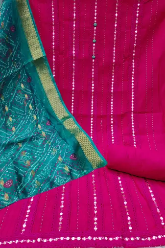 Women's pink thread sequence & embroidery premium roman cotton dress material