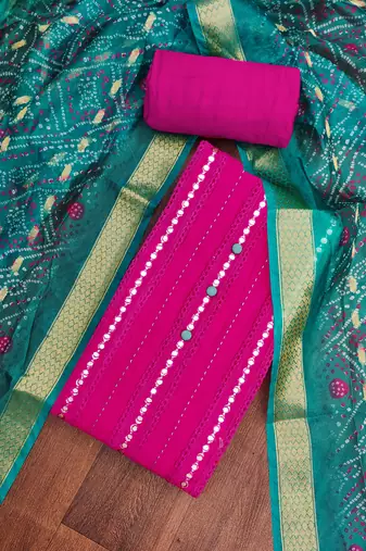 Women's pink thread sequence & embroidery premium roman cotton dress material