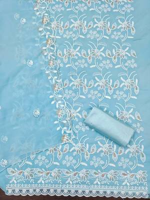 Women's sky blue heavy thread embroidery georgette dress material 3