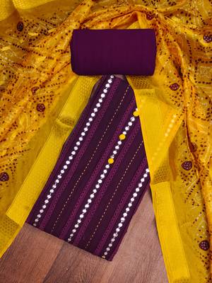 Women's purple thread sequence & embroidery premium roman cotton dress material 4