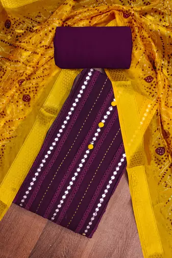 Women's purple thread sequence & embroidery premium roman cotton dress material