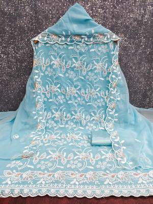 Women's sky blue heavy thread embroidery georgette dress material 4
