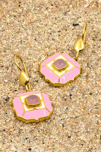 gold plated Pink stone hook earrings in sterling silver