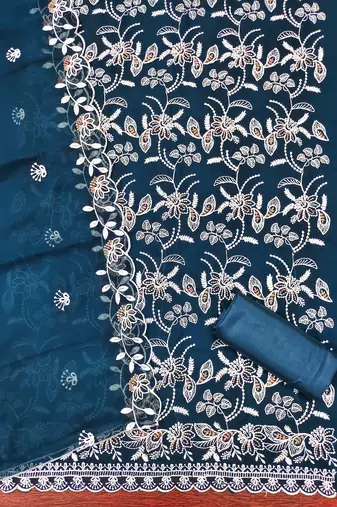 Women's teal blue heavy thread embroidery georgette dress material