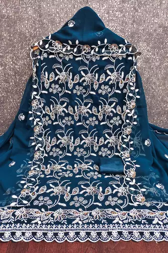 Women's teal blue heavy thread embroidery georgette dress material
