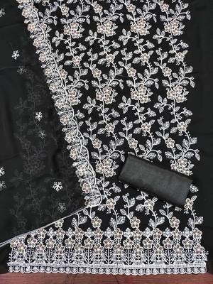 Women's black heavy thread embroidery georgette dress material 3