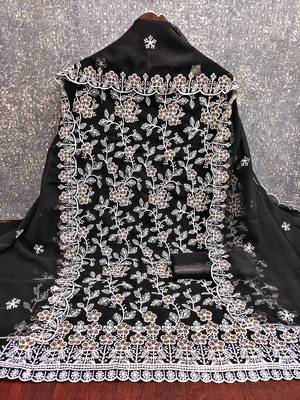 Women's black heavy thread embroidery georgette dress material 4