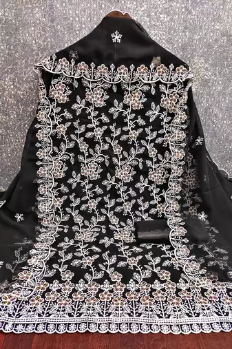 Women's black heavy thread embroidery georgette dress material