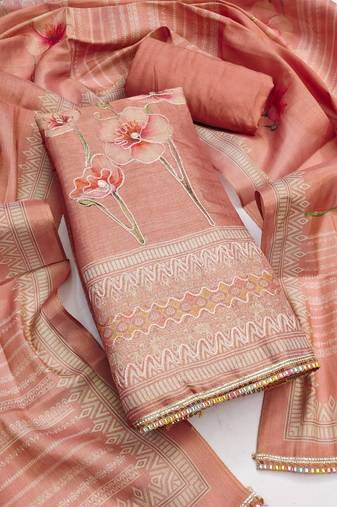 Women's peach unstitched designer printed embroidery simmer cotton silk dress material (msmfc11599a)
