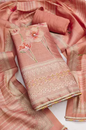 Women's peach unstitched designer printed embroidery simmer cotton silk dress material (msmfc11599a)