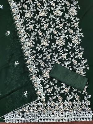 Women's green heavy thread embroidery georgette dress material 3