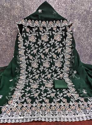 Women's green heavy thread embroidery georgette dress material 4