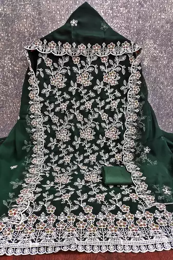 Women's green heavy thread embroidery georgette dress material