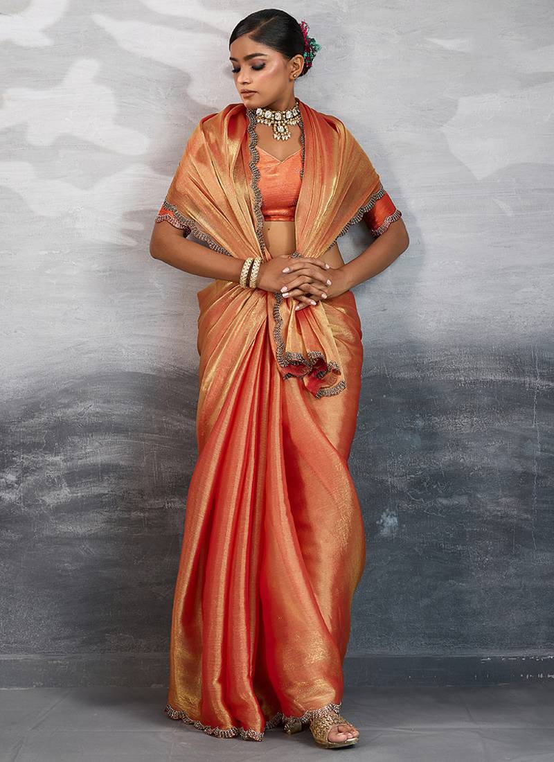 Peach burberry chiffon with gold shine zarkan work designer saree