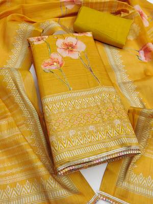 Women's mustard designer printed embroidery simmer cotton silk dress material 1