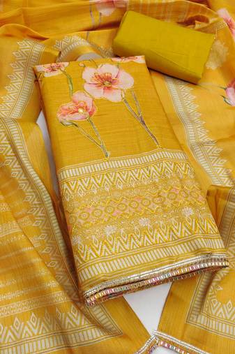 Women's mustard unstitched designer printed embroidery simmer cotton silk dress material (msmfc11599b)