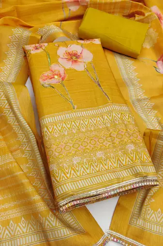 Women's mustard unstitched designer printed embroidery simmer cotton silk dress material (msmfc11599b)