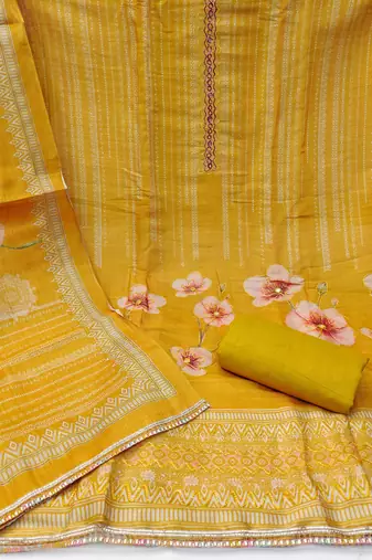 Women's mustard designer printed embroidery simmer cotton silk dress material
