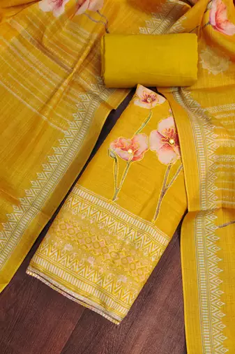 Women's mustard designer printed embroidery simmer cotton silk dress material