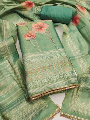 Women's sea green designer printed embroidery simmer cotton silk dress material 1