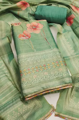 Women's sea green unstitched designer printed embroidery simmer cotton silk dress material (msmfc11599c)