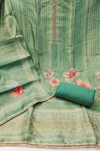 Women's sea green designer printed embroidery simmer cotton silk dress material
