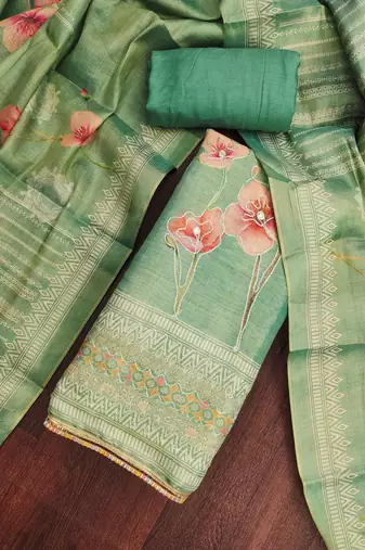 Women's sea green designer printed embroidery simmer cotton silk dress material