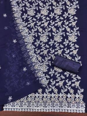 Women's royal blue heavy thread embroidery georgette dress material 3